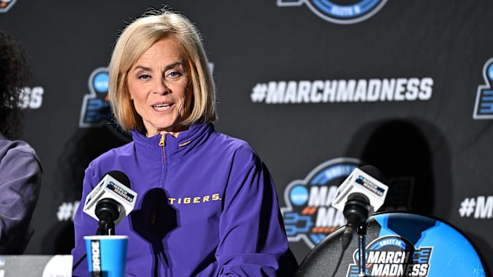 Mar 27, 2025; Spokane, WA, USA; LSU Lady Tigers head coach Kim Mulkey talks with media during an NCAA Tournament practice session at Spokane Arena. Mandatory Credit: James Snook-Imagn Images Mar 27, 2025; Spokane, WA, USA; LSU Lady Tigers head coach Kim Mulkey talks with media during an NCAA Tournament practice session at Spokane Arena. Mandatory Credit: James Snook-Imagn Images