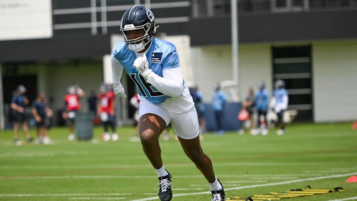 Jun 10, 2025; Nashville, TN, USA;  Tennessee Titans wide receiver Treylon Burks (16) does foot work drills during minicamp at Nissan Stadium. Mandatory Credit: Steve Roberts-Imagn Images