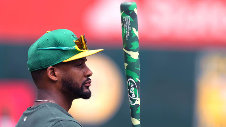Aug 17, 2024; Oakland, California, USA; Oakland Athletics left fielder Miguel Andujar (22) holds his bat before the game against the San Francisco Giants at Oakland-Alameda County Coliseum. Mandatory Credit: Darren Yamashita-USA TODAY Sports