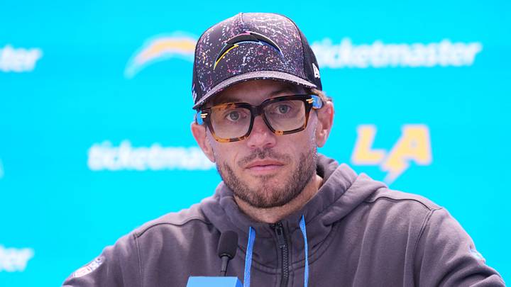 Jul 31, 2026; El Segundo, CA, USA; Los Angeles Chargers offensive coordinator Mike McDaniel during training camp press conference at The Bolt. Mandatory Credit: Kirby Lee-Imagn Images