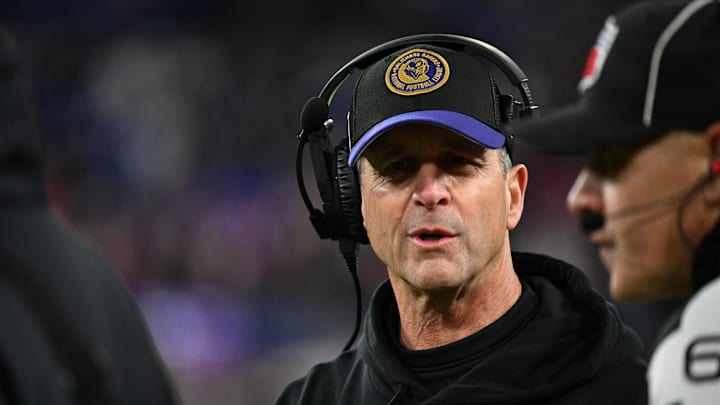 Jan 28, 2024; Baltimore, Maryland, USA; Baltimore Ravens head coach John Harbaugh questions a call against the Kansas City Chiefs during the second half in the AFC Championship football game at M&T Bank Stadium. Mandatory Credit: Tommy Gilligan-USA TODAY Sports