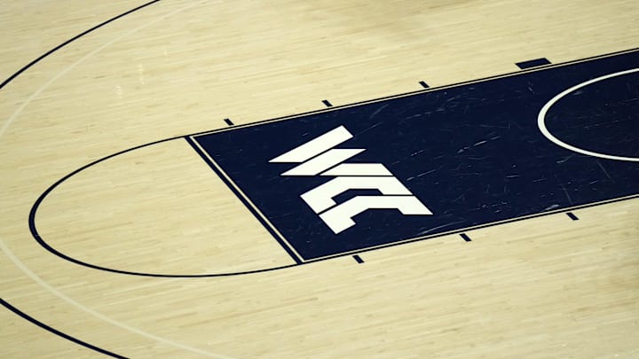 Mar 23, 2024; Spokane, Washington, USA; The West Coast Conference (WCC) logo on the court at McCarthey Athletic Center. 