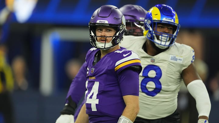 Minnesota Vikings quarterback Sam Darnold reacts against the Los Angeles Rams in the first half at SoFi Stadium in Inglewood, Calif., on Oct, 24, 2024. 