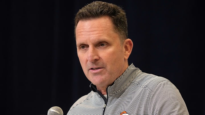 Feb 25, 2025; Indianapolis, IN, USA; Denver Broncos general manager George Paton speaks during the NFL Scouting Combine at the Indiana Convention Center. 
