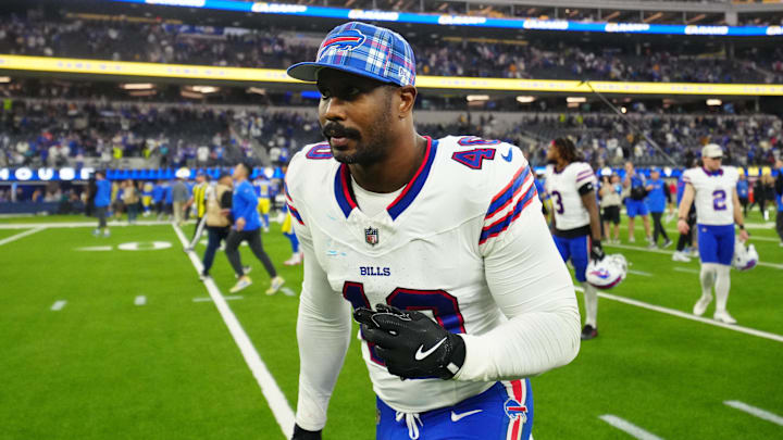 Dec 8, 2024; Inglewood, California, USA; Buffalo Bills linebacker Von Miller (40) leaves the field after the game against the Los Angeles Rams at SoFi Stadium. Dec 8, 2024; Inglewood, California, USA; Buffalo Bills linebacker Von Miller (40) leaves the field after the game against the Los Angeles Rams at SoFi Stadium.
