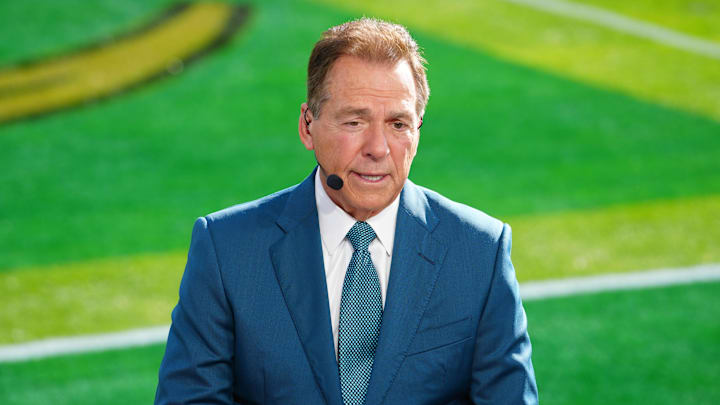 Jan 1, 2025; Pasadena, California, USA; Nick Saban on the ESPN Gameday set at Rose Bowl Stadium.