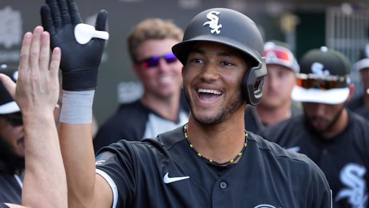 Mar 1, 2026; Mesa, Arizona, USA; Chicago White Sox outfielder Braden Montgomery (91) celebrates after hitting a solo home run against the Chicago Cubs in the first inning at Sloan Park. Mandatory Credit: Rick Scuteri-Imagn Images