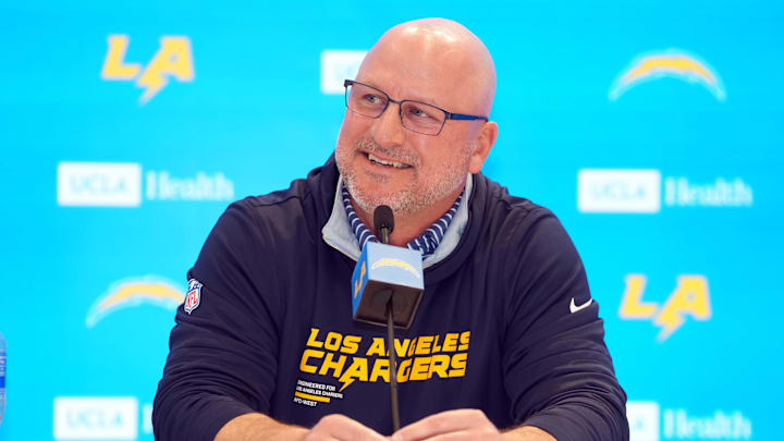 Jan 15, 2026; El Segundo, CA, USA; Los Angeles Chargers general manager Joe Hortiz at press conference at The Bolt. Mandatory Credit: Kirby Lee-Imagn Images