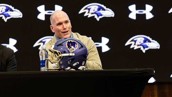 Jan 29, 2026; Owings Mills, MD, USA; Eric DeCosta at press conference discussing future of Baltimore Ravens at Under Armour Performance Center. Mandatory Credit: Lexi Thompson-Imagn Images