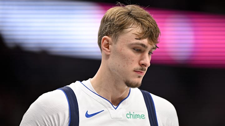 Oct 29, 2025; Dallas, Texas, USA; Dallas Mavericks forward Cooper Flagg (32) looks on during the first quarter against the Indiana Pacers at the American Airlines Center. Mandatory Credit: Jerome Miron-Imagn Images