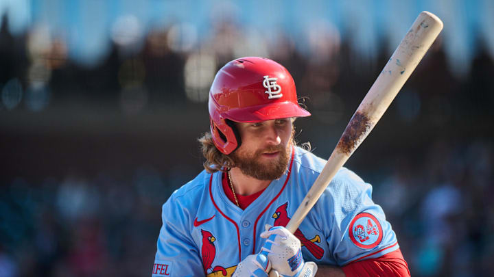 Sep 28, 2024; San Francisco, California, USA; St. Louis Cardinals outfielder Brendan Donovan (33) bats against the San Francisco Giants during the eighth inning at Oracle Park. Mandatory Credit: Robert Edwards-Imagn Images