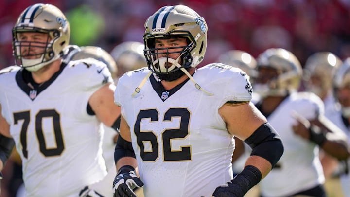 August 18, 2024; Santa Clara, California, USA; New Orleans Saints guard Lucas Patrick (62) before the game against the San Francisco 49ers at Levi's Stadium. Mandatory Credit: Kyle Terada-Imagn Images