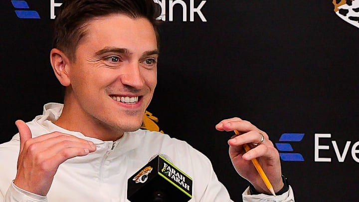 Jacksonville Jaguars General Manager James Gladstone talks about the process of making a list of who they want to draft and how that changes if another team picks their pick during the Jaguars’ annual pre-draft luncheon press conference in the media room at the Miller Electric Center Thursday April 9, 2026 in Jacksonville Fla. 