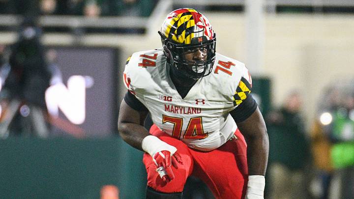 Nov 13, 2021; East Lansing, Michigan, USA; Maryland Terrapins offensive lineman Delmar Glaze (74)