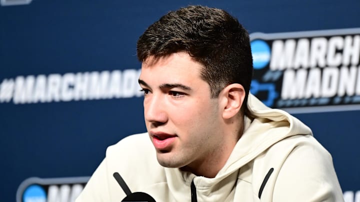Mar 20, 2025; Cleveland, OH, USA; Robert Morris Colonials forward Alvaro Folgueiras talks to the media before practice at Rocket Arena. Mandatory Credit: Ken Blaze-Imagn Images
