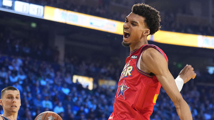 Feb 16, 2025; San Francisco, CA, USA; Chuck’s Global Stars forward Victor Wembanyama (1) of the San Antonio Spurs reacts in the game against Kenny’s Young Stars during the 2025 NBA All Star Game at Chase Center. 