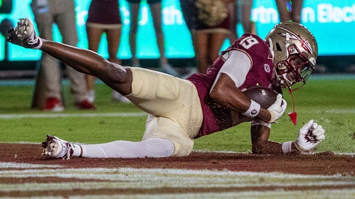 Florida State Seminoles wide receiver Micahi Danzy (19) scores a touchdown. The Miami Hurricanes defeated the Florida State Seminoles 22-28 at Doak Campbell Stadium on Saturday, Oct. 4, 2025.