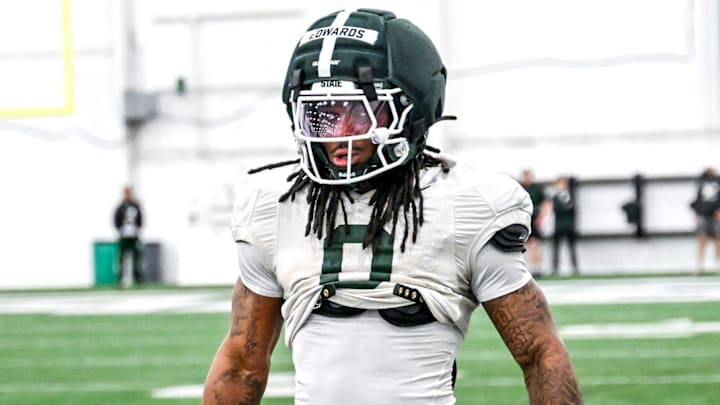 Michigan State's Cam Edwards looks on during spring football practice on Tuesday, March 24, 2026, in East Lansing.