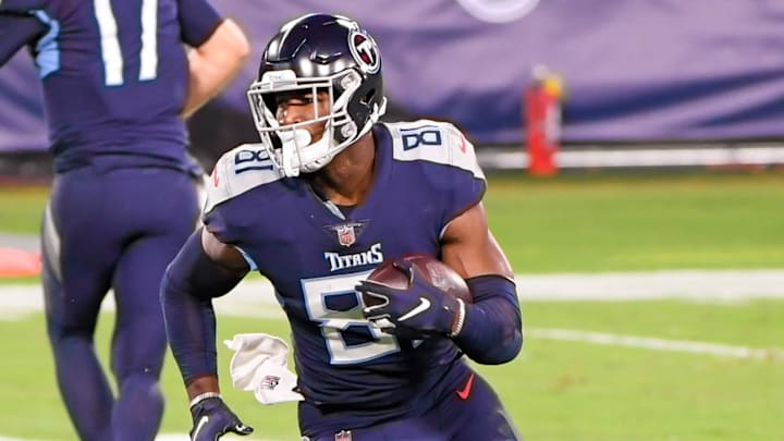 Nov 12, 2020; Nashville, Tennessee, USA;  Tennessee Titans tight end Jonnu Smith (81) runs against the Indianapolis Colts during the first half at Nissan Stadium. Mandatory Credit: Steve Roberts-Imagn Images