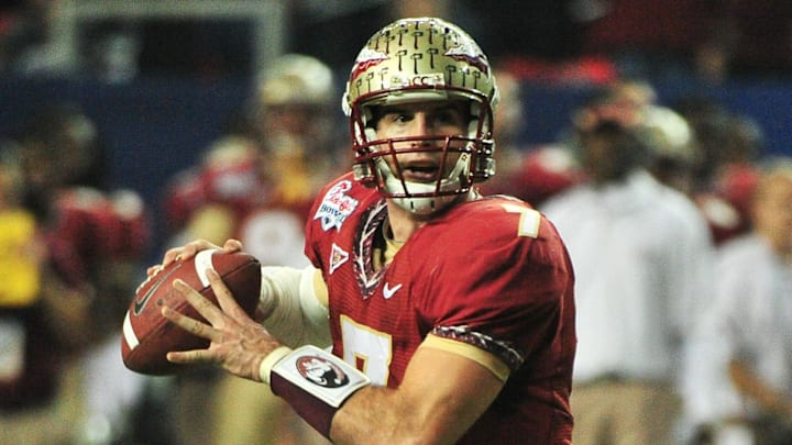 Dec 31, 2010; Atlanta, GA, USA;  Florida State Seminoles quarterback Christian Ponder (7) rolls out to pass in the first quarter of the 2010 Chick-fil-A Bowl against South Carolina Gamecocks at the Georgia Dome. Mandatory Credit: Daniel Shirey-Imagn Images