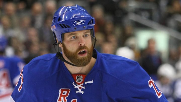 Nov 1, 2008; Toronto, ON, Canada; New York Rangers defenseman (27) Paul Mara in action against the Toronto Maple Leafs at the Air Canada Centre in Toronto, ON. The Maple Leafs beat the Rangers 5-2. Mandatory Credit: Tom Szczerbowski-Imagn Images
