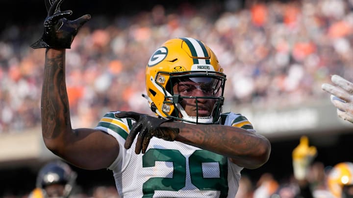 Green Bay Packers cornerback Rasul Douglas (29) celebrates breaking up a pass intended for Chicago Bears tight end Cole Kmet (85) in the end zone during second quarter of their game on Sunday, Sept. 10, 2023 at Soldier Field in Chicago.