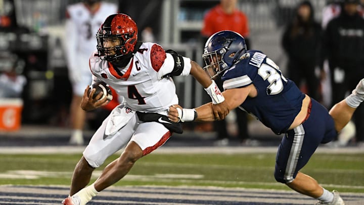 San Diego State Aztecs quarterback Jayden Denegal (4). San Diego State Aztecs quarterback Jayden Denegal (4).