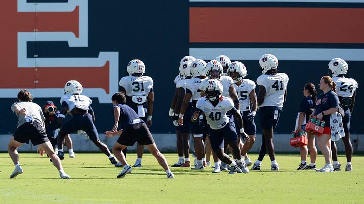 Auburn Tigers linebackers run drills during Auburn football practice at Woltosz Football Performance Center in Auburn, Ala. on Saturday, Aug. 8, 2026. Auburn Tigers linebackers run drills during Auburn football practice at Woltosz Football Performance Center in Auburn, Ala. on Saturday, Aug. 8, 2026.