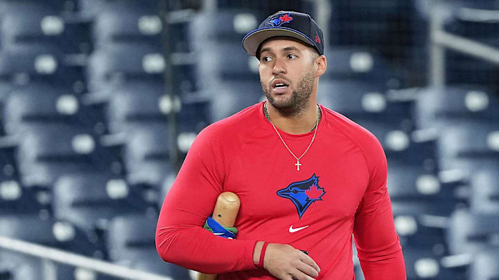 Apr 11, 2026; Toronto, Ontario, CAN; Toronto Blue Jays right fielder George Springer (4) walks onto the field for batting practice before a game against the Minnesota Twins at Rogers Centre. Mandatory Credit: Nick Turchiaro-Imagn Images