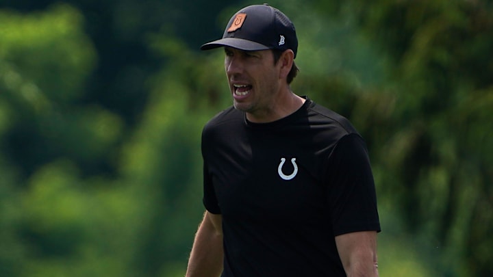 Indianapolis Colts head coach Shane Steichen talks to players on the field Tuesday, June 10, 2025, during NFL Colts mandatory mini camp at the Indiana Farm Bureau Football Center in Indianapolis.