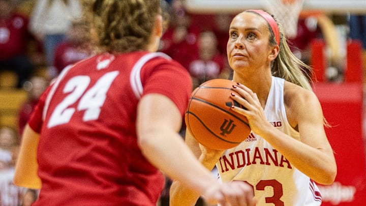 Indiana's Sydney Parrish (33) shoots over Wisconsin's Natalie Leuzinger (24) during the Indiana versus Wisconsin women's basketball game at Simon Skjodt Assembly Hall on Saturday, Dec. 28, 2024.