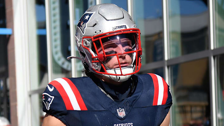Oct 26, 2025; Foxborough, Massachusetts, USA; New England Patriots linebacker Jack Gibbens (51) takes the field prior to a game against the Cleveland Browns at Gillette Stadium. Mandatory Credit: Bob DeChiara-Imagn Images