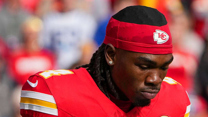 Nov 23, 2025; Kansas City, Missouri, USA; Kansas City Chiefs wide receiver Rashee Rice (4) takes the field against the Indianapolis Colts for warm ups prior to a game at GEHA Field at Arrowhead Stadium. Mandatory Credit: Denny Medley-Imagn Images Nov 23, 2025; Kansas City, Missouri, USA; Kansas City Chiefs wide receiver Rashee Rice (4) takes the field against the Indianapolis Colts for warm ups prior to a game at GEHA Field at Arrowhead Stadium. Mandatory Credit: Denny Medley-Imagn Images