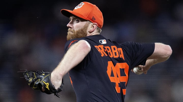 Mar 24, 2025; San Francisco, California, USA; Detroit Tigers pitcher John Brebbia (49) delivers a pitch against the Detroit Tigers during the sixth inning at Oracle Park. Mandatory Credit: D. Ross Cameron-Imagn Images