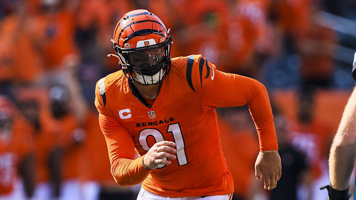 Sep 14, 2025; Cincinnati, Ohio, USA; Cincinnati Bengals defensive end Trey Hendrickson (91) plays the field against Jacksonville Jaguars offensive tackle Walker Little (72) in the second half at Paycor Stadium. Mandatory Credit: Katie Stratman-Imagn Images