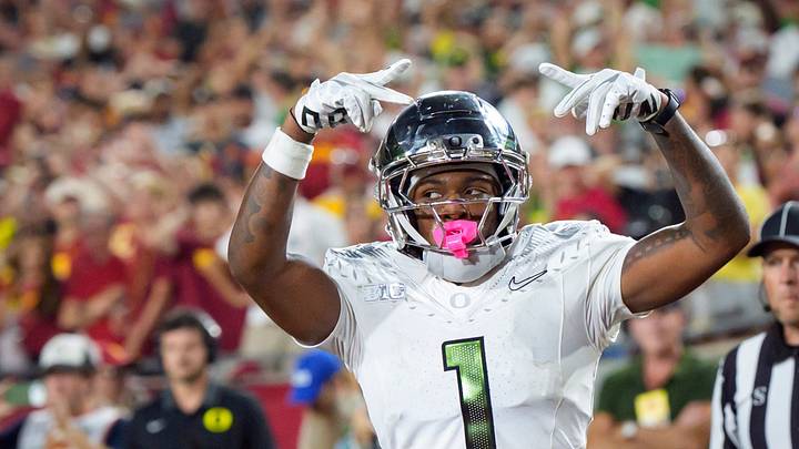 Oregon wide receiver Dakorien Moore celebrates a touchdown reception as the Oregon Ducks face the USC Trojans on Sept. 26, 2026, at Los Angeles Memorial Coliseum in Los Angeles, California.