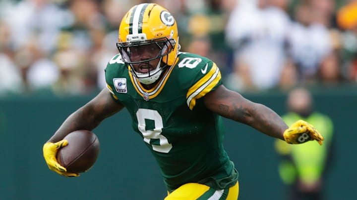 Green Bay Packers running back Josh Jacobs (8) runs the ball during a game against the Cincinnati Bengals on Oct. 12, 2025, at Lambeau Field in Green Bay, Wis. The Packers defeated the Bengals 27-18.