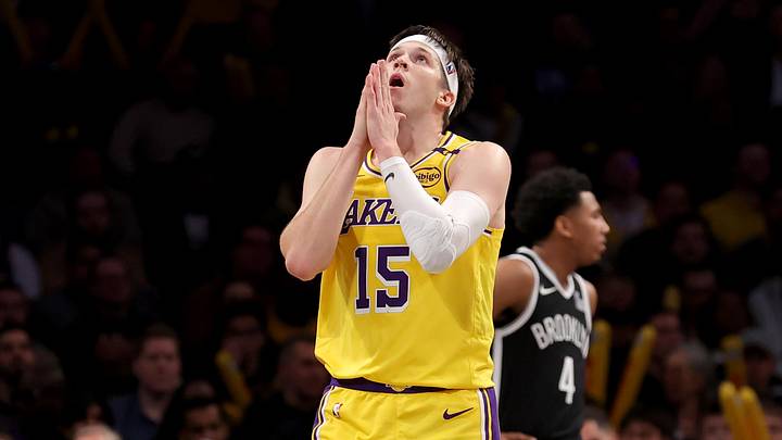 Mar 10, 2025; Brooklyn, New York, USA; Los Angeles Lakers guard Austin Reaves (15) reacts during the third quarter against the Brooklyn Nets at Barclays Center. Mandatory Credit: Brad Penner-Imagn Images Mar 10, 2025; Brooklyn, New York, USA; Los Angeles Lakers guard Austin Reaves (15) reacts during the third quarter against the Brooklyn Nets at Barclays Center. Mandatory Credit: Brad Penner-Imagn Images