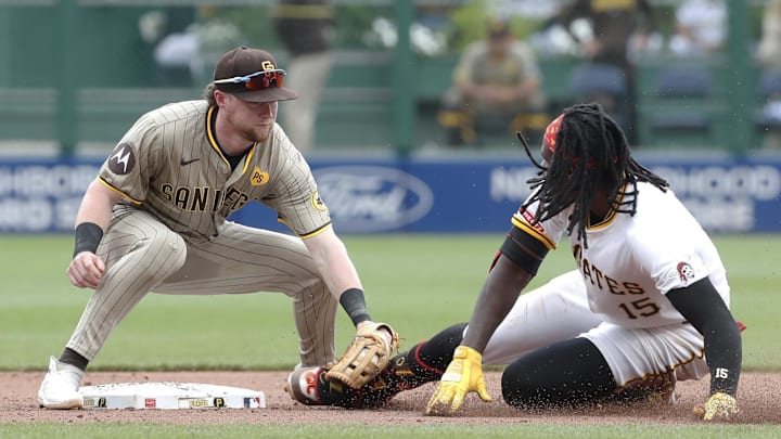 Aug 8, 2024; Pittsburgh, Pennsylvania, USA;  Pittsburgh Pirates shortstop Oneil Cruz (15) is tagged out at second base while attempting to stretch a single against San Diego Padres second baseman Jake Cronenworth (9) during the sixth inning at PNC Park. Mandatory Credit: Charles LeClaire-Imagn Images