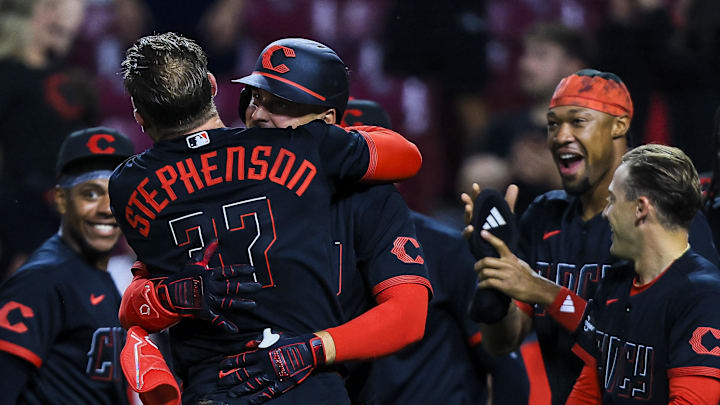 Apr 24, 2026; Cincinnati, Ohio, USA; Cincinnati Reds designated hitter Nathaniel Lowe (31) hugs catcher Tyler Stephenson (37) after hitting a two-run walk-off home run in the ninth inning against the Detroit Tigers at Great American Ball Park. Mandatory Credit: Katie Stratman-Imagn Images