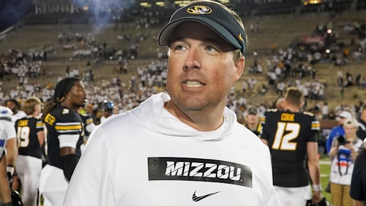 Sep 7, 2024; Columbia, Missouri, USA; Missouri Tigers head coach Eli Drinkwitz on field after the win over the Buffalo Bulls at Faurot Field at Memorial Stadium. Mandatory Credit: Denny Medley-Imagn Images