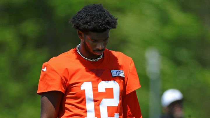Cleveland Browns quarterback Shedeur Sanders (12) walks off the field during day two of NFL rookie minicamp at the Cleveland Browns training facility on Saturday, May 10, 2025, in Berea, Ohio. Cleveland Browns quarterback Shedeur Sanders (12) walks off the field during day two of NFL rookie minicamp at the Cleveland Browns training facility on Saturday, May 10, 2025, in Berea, Ohio.