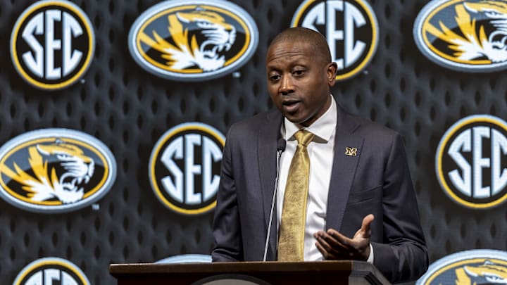 Oct 15, 2024; Birmingham, AL, USA; Missouri Tigers head coach Dennis Gates talks with the media during SEC Media Days at Grand Bohemian Hotel. Mandatory Credit: Vasha Hunt-Imagn Images