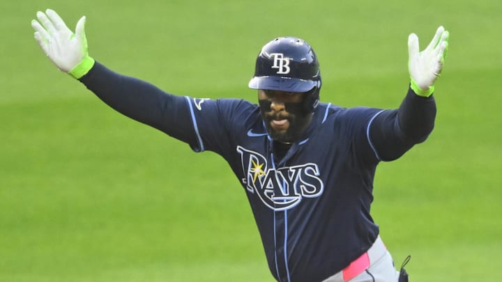 Sep 12, 2024; Cleveland, Ohio, USA; Tampa Bay Rays first baseman Yandy Diaz (2) celebrates his double in the first inning against the Cleveland Guardians at Progressive Field. Mandatory Credit: David Richard-Imagn Images