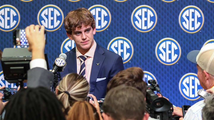 Jul 15, 2025; Atlanta, GA, USA; Texas Longhorns quarterback Arch Manning answers questions from the media during SEC Media Days at Omni Atlanta Hotel. Mandatory Credit: Jordan Godfree-Imagn Images Jul 15, 2025; Atlanta, GA, USA; Texas Longhorns quarterback Arch Manning answers questions from the media during SEC Media Days at Omni Atlanta Hotel. Mandatory Credit: Jordan Godfree-Imagn Images