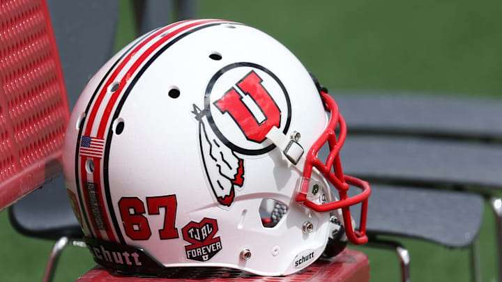 A general view of the helmet used by the White team in the Utah Spring Football Game at Rice-Eccles Stadium.