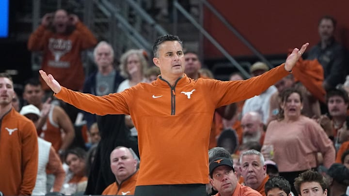Texas Longhorns head coach Sean Miller reacts during the second half against the Mississippi State Bulldogs at Moody Center. Texas Longhorns head coach Sean Miller reacts during the second half against the Mississippi State Bulldogs at Moody Center.