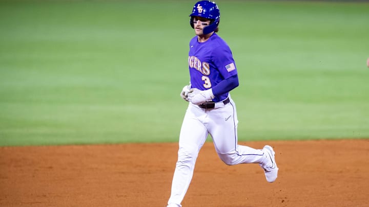 Dylan Crews rounds the bases after a homerun as The LSU Tigers take on the Butler Bulldogs at Alex