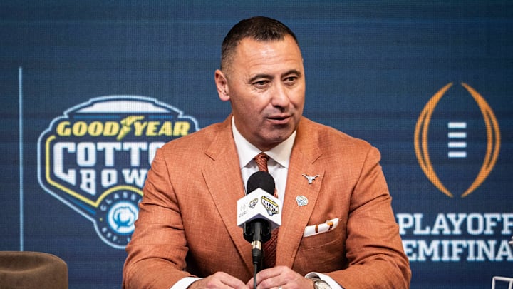 Texas Longhorns Head Coach Steve Sarkisian speaks during the Coaches' Press Conference at AT&T Stadium, Jan. 9, 2024. Both coaches answered questions from the media during the conference, and will face each other in the Cotton Bowl College Football Playoff semi-final game on Friday.
