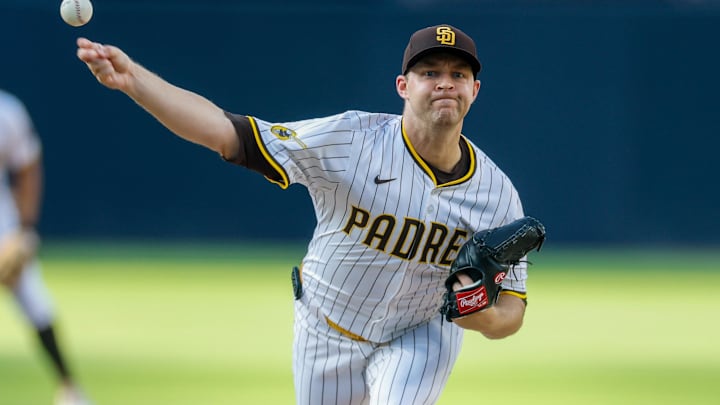 Aug 9, 2025; San Diego, California, USA; San Diego Padres starting pitcher Michael King (34) throws a pitch during the first inning against the Boston Red Sox at Petco Park. Mandatory Credit: David Frerker-Imagn Images